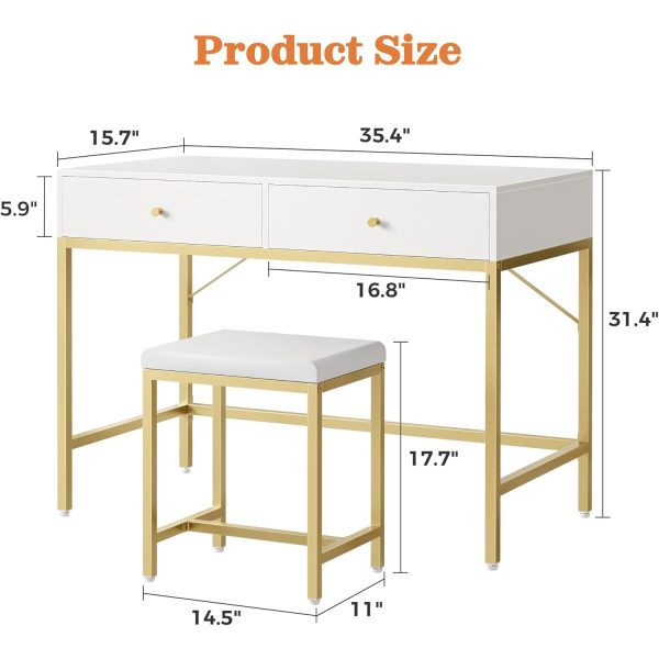 Modern Makeup Desk with Padded Stool White and Gold Desk with Drawers - Image 7