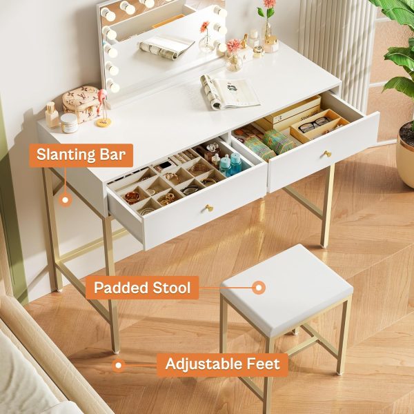 Modern Makeup Desk with Padded Stool White and Gold Desk with Drawers - Image 6