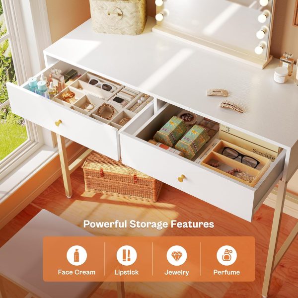 Modern Makeup Desk with Padded Stool White and Gold Desk with Drawers - Image 5