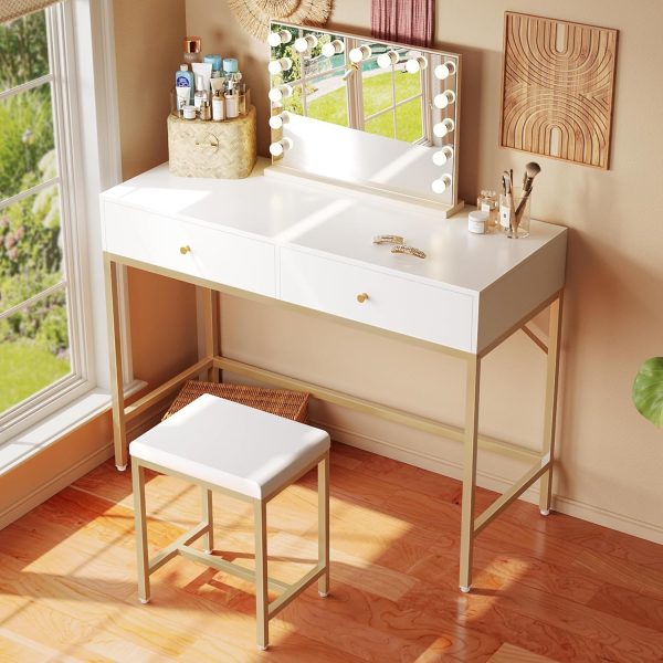 Modern Makeup Desk with Padded Stool White and Gold Desk with Drawers - Image 4