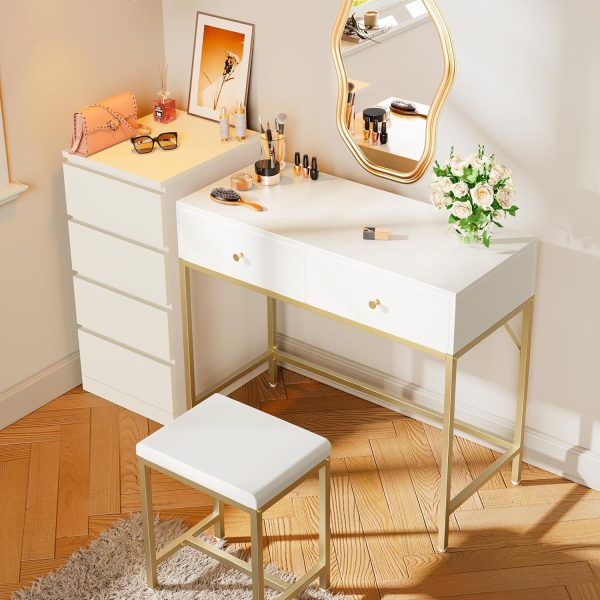 Modern Makeup Desk with Padded Stool White and Gold Desk with Drawers - Image 3
