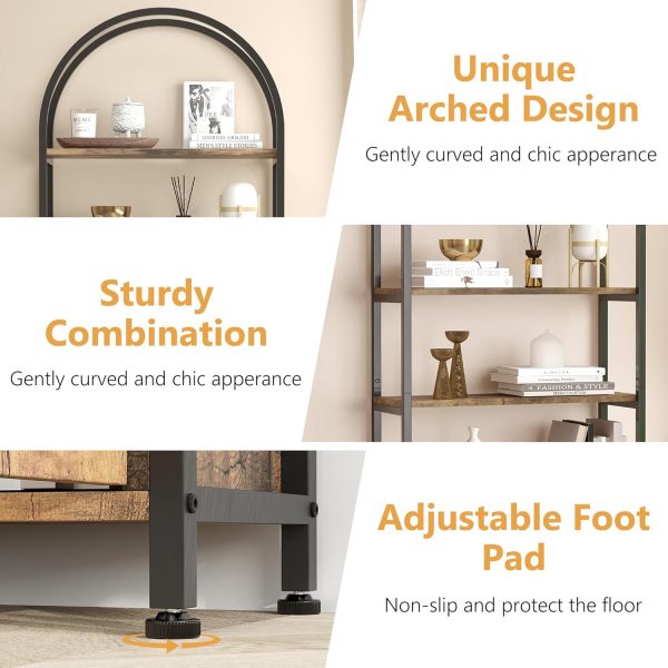 Tall Industrial Shelf with Metal Frame 4 Tier Arched Bookshelf with Doors Storage - Image 7