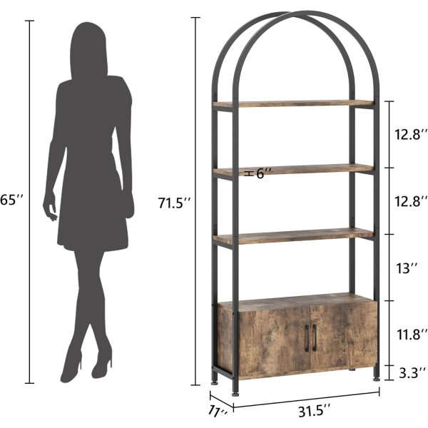 Tall Industrial Shelf with Metal Frame 4 Tier Arched Bookshelf with Doors Storage - Image 6