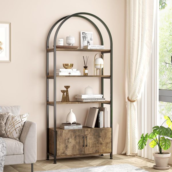 Tall Industrial Shelf with Metal Frame 4 Tier Arched Bookshelf with Doors Storage