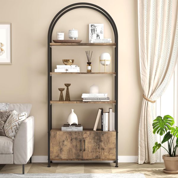 Tall Industrial Shelf with Metal Frame 4 Tier Arched Bookshelf with Doors Storage - Image 5