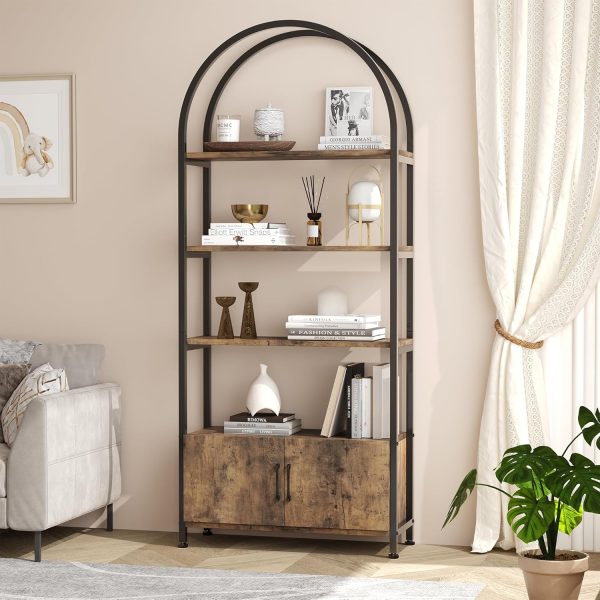 Tall Industrial Shelf with Metal Frame 4 Tier Arched Bookshelf with Doors Storage - Image 4