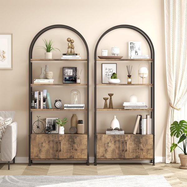 Tall Industrial Shelf with Metal Frame 4 Tier Arched Bookshelf with Doors Storage - Image 2