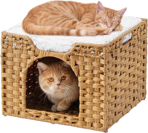 Foldable Rattan Cat Bed House Indoor Large Pet Cave with Soft Mat Kitten Hideout with Hooks for Living Room or Bedroom Bamboo Wooden Products Manufacturer
