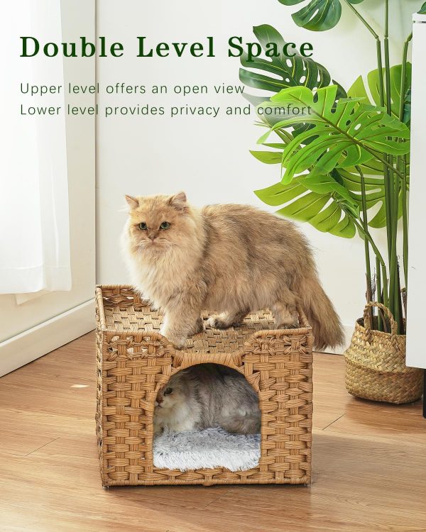 Foldable Rattan Cat Bed House Indoor Large Pet Cave with Soft Mat Kitten Hideout with Hooks for Living Room or Bedroom Bamboo Wooden Products Manufacturer - Image 5