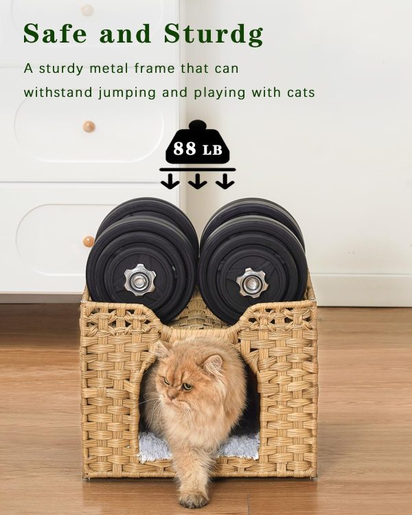 Foldable Rattan Cat Bed House Indoor Large Pet Cave with Soft Mat Kitten Hideout with Hooks for Living Room or Bedroom Bamboo Wooden Products Manufacturer - Image 4
