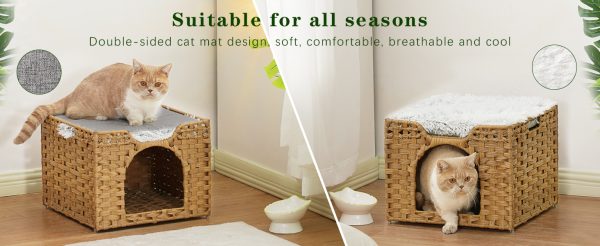 Foldable Rattan Cat Bed House Indoor Large Pet Cave with Soft Mat Kitten Hideout with Hooks for Living Room or Bedroom Bamboo Wooden Products Manufacturer - Image 3