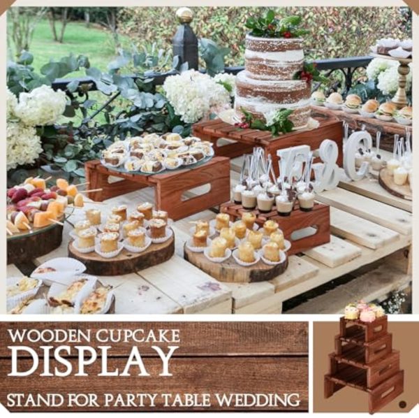 4 Pcs Rustic Wood Cake Display Stands Dark Brown Dessert Risers Wooden Cupcake Tray with Handles for Wedding Party Baby Shower Decor China Products Manufacturer - Image 4