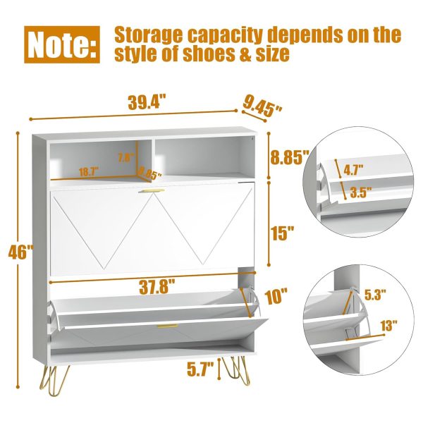 Narrow Shoe Storage Cabinet 2 Flip Drawers Open Shelves for Entryway - Image 7