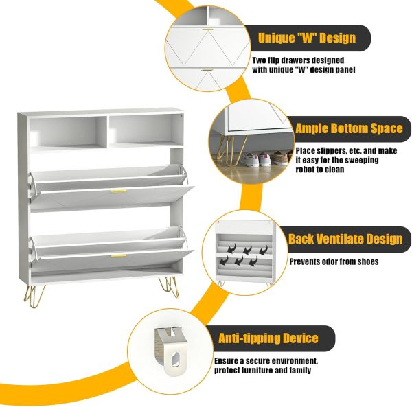 Narrow Shoe Storage Cabinet 2 Flip Drawers Open Shelves for Entryway - Image 6