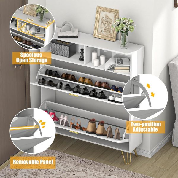 Narrow Shoe Storage Cabinet 2 Flip Drawers Open Shelves for Entryway - Image 5