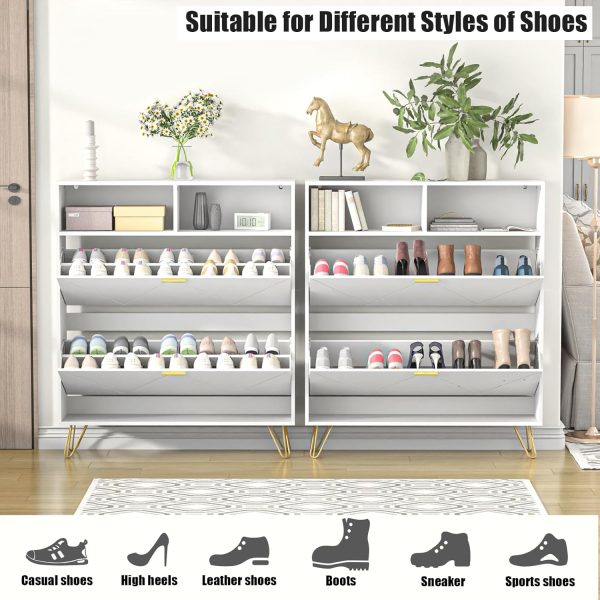 Narrow Shoe Storage Cabinet 2 Flip Drawers Open Shelves for Entryway - Image 4
