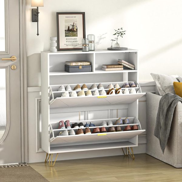 Narrow Shoe Storage Cabinet 2 Flip Drawers Open Shelves for Entryway - Image 3