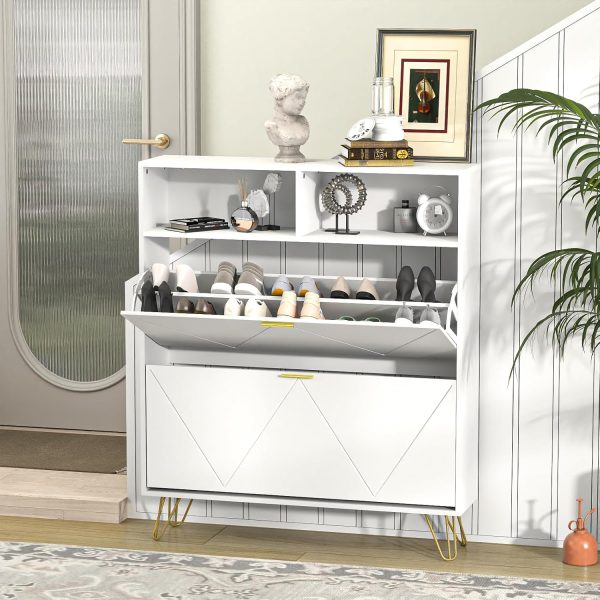 Narrow Shoe Storage Cabinet 2 Flip Drawers Open Shelves for Entryway - Image 2