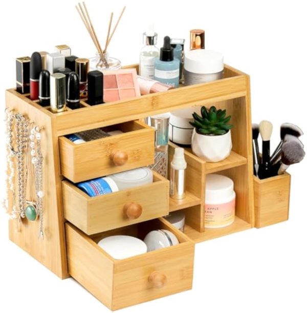 Bamboo Makeup Organizer with 3 Drawers and 12-Grid Lipstick Holder Vanity Cosmetic Storage Box with Hooks for Jewelry and Brushes Desk Top Counter Organizer China Products Manufacturer