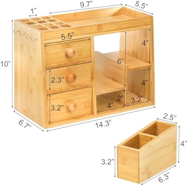 Bamboo Makeup Organizer with 3 Drawers and 12-Grid Lipstick Holder Vanity Cosmetic Storage Box with Hooks for Jewelry and Brushes Desk Top Counter Organizer China Products Manufacturer - Image 5