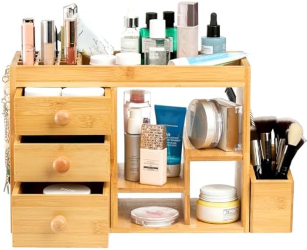 Bamboo Makeup Organizer with 3 Drawers and 12-Grid Lipstick Holder Vanity Cosmetic Storage Box with Hooks for Jewelry and Brushes Desk Top Counter Organizer China Products Manufacturer - Image 6