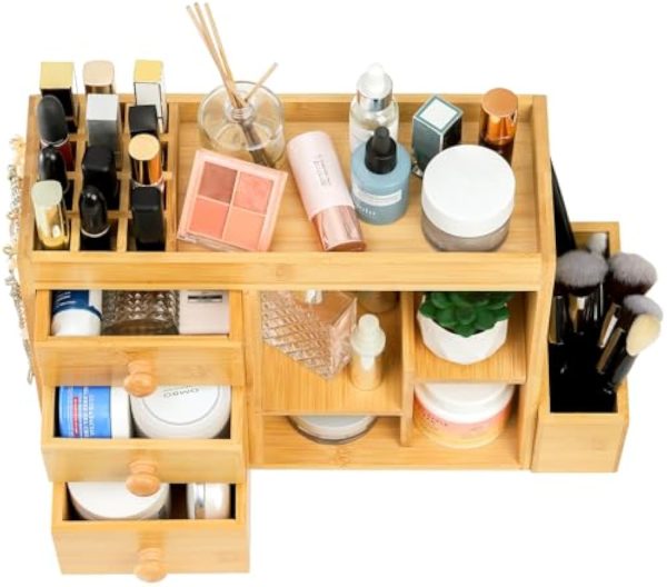 Bamboo Makeup Organizer with 3 Drawers and 12-Grid Lipstick Holder Vanity Cosmetic Storage Box with Hooks for Jewelry and Brushes Desk Top Counter Organizer China Products Manufacturer - Image 4