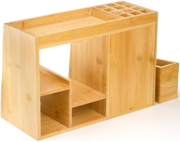 Bamboo Makeup Organizer with 3 Drawers and 12-Grid Lipstick Holder Vanity Cosmetic Storage Box with Hooks for Jewelry and Brushes Desk Top Counter Organizer China Products Manufacturer - Image 3
