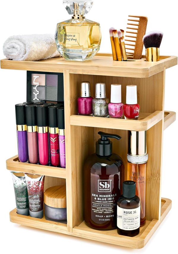 360° Bamboo Makeup Organizer with Rotating Base Cosmetic Storage Carousel for Vanity Countertop with Compartments for Brushes Skincare and Toiletries China Products Manufacturer - Image 7