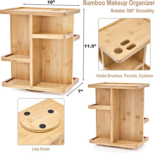 360° Bamboo Makeup Organizer with Rotating Base Cosmetic Storage Carousel for Vanity Countertop with Compartments for Brushes Skincare and Toiletries China Products Manufacturer - Image 4