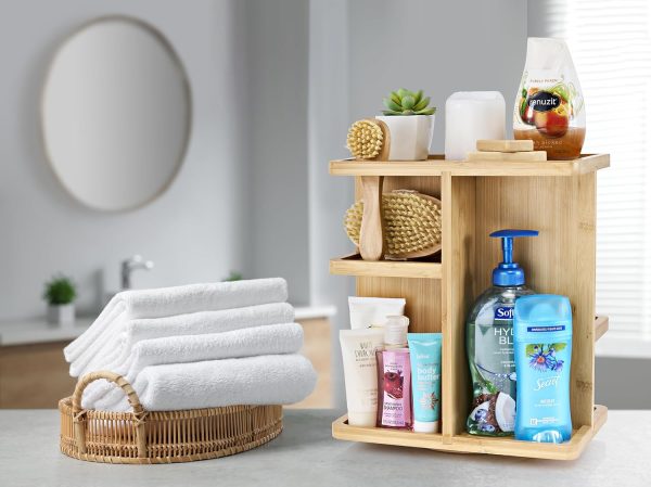 360° Bamboo Makeup Organizer with Rotating Base Cosmetic Storage Carousel for Vanity Countertop with Compartments for Brushes Skincare and Toiletries China Products Manufacturer - Image 2