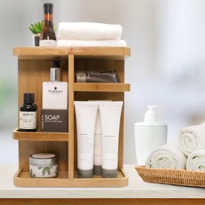 360° Bamboo Makeup Organizer with Rotating Base Cosmetic Storage Carousel for Vanity Countertop with Compartments for Brushes Skincare and Toiletries China Products Manufacturer