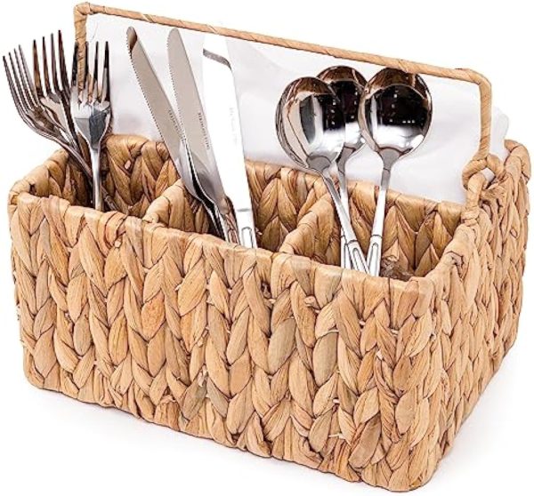 Handwoven Wicker Utensil Caddy with Handle – Water Hyacinth Cutlery Organizer for Countertop, Kitchen Table, or Outdoor Dining – 4 Compartments, Rustic Flatware Holder China Products Manufacturer