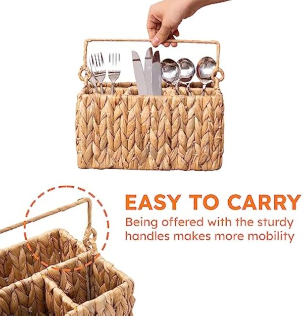 Handwoven Wicker Utensil Caddy with Handle – Water Hyacinth Cutlery Organizer for Countertop, Kitchen Table, or Outdoor Dining – 4 Compartments, Rustic Flatware Holder China Products Manufacturer - Image 4
