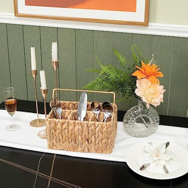 Handwoven Wicker Utensil Caddy with Handle – Water Hyacinth Cutlery Organizer for Countertop, Kitchen Table, or Outdoor Dining – 4 Compartments, Rustic Flatware Holder China Products Manufacturer - Image 2