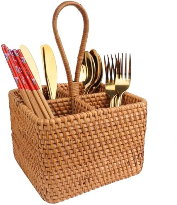 Wicker Flatware Caddy with Handle – Handmade Rattan Utensil Organizer Basket with 4 Compartments for Kitchen, Dining Table, Picnic, or Craft Storage China Products Manufacturer - Image 6