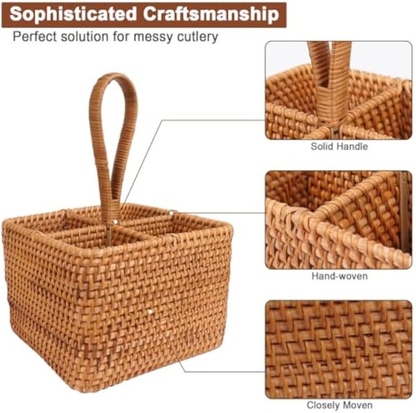 Wicker Flatware Caddy with Handle – Handmade Rattan Utensil Organizer Basket with 4 Compartments for Kitchen, Dining Table, Picnic, or Craft Storage China Products Manufacturer - Image 4