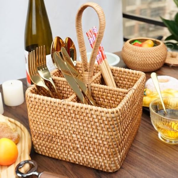 Wicker Flatware Caddy with Handle – Handmade Rattan Utensil Organizer Basket with 4 Compartments for Kitchen, Dining Table, Picnic, or Craft Storage China Products Manufacturer - Image 2