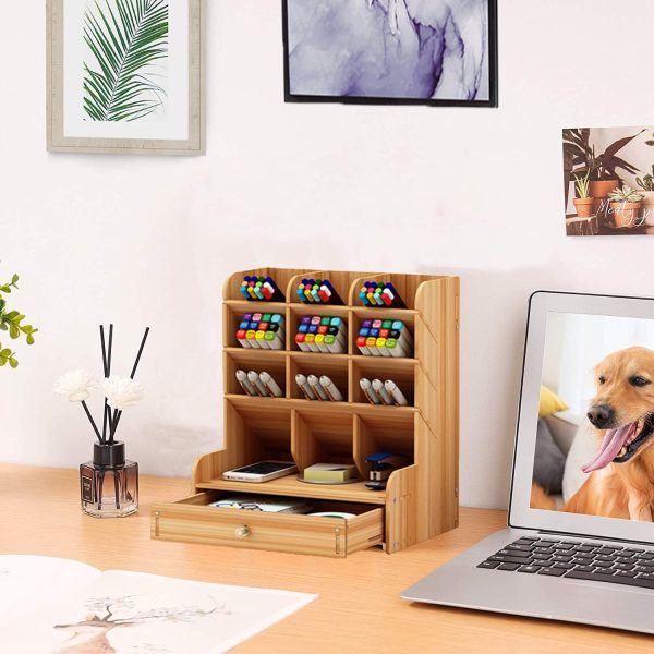 Wooden Desk Organizer with Drawer DIY Assembly Multi Functional Pen Holder Storage Rack 9 Compartments Office Home School Supplies China Products Manufacturer - Image 7