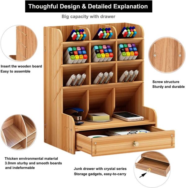 Wooden Desk Organizer with Drawer DIY Assembly Multi Functional Pen Holder Storage Rack 9 Compartments Office Home School Supplies China Products Manufacturer - Image 5