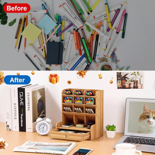 Wooden Desk Organizer with Drawer DIY Assembly Multi Functional Pen Holder Storage Rack 9 Compartments Office Home School Supplies China Products Manufacturer - Image 4