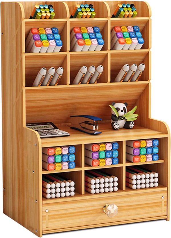Wooden Desk Organizer with Drawer DIY Assembly Multi Functional Pen Holder Storage Rack 9 Compartments Office Home School Supplies China Products Manufacturer - Image 2