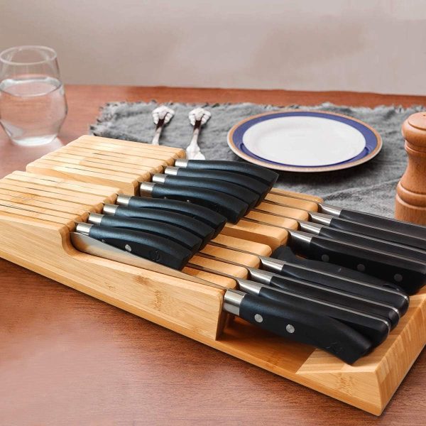 Bamboo In Drawer Knife Block Set for 16 Knives Large Detachable Washable Cutlery Slot Organizer Storage Holder for Sharpening Steel Kitchen Drawer Knife Organizer China Products Manufacturer - Image 4