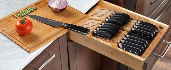 Bamboo In Drawer Knife Block Set for 16 Knives Large Detachable Washable Cutlery Slot Organizer Storage Holder for Sharpening Steel Kitchen Drawer Knife Organizer China Products Manufacturer - Image 7