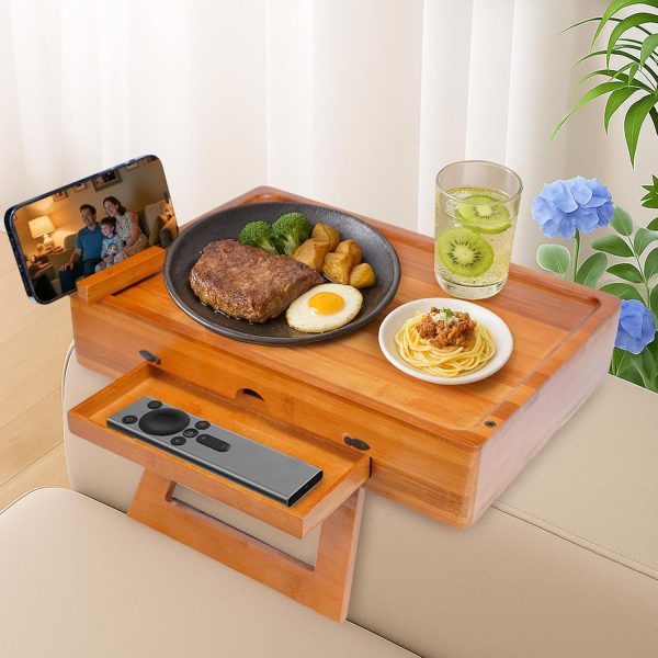 Couch Armrest Table with Built in Drawer Bamboo Sofa Arm Tray 13.75x9.5 Foldable Clip Table with 360° Phone Holder Non Slip Armrest Tray for Snacks Drinks and Remote China Products Manufacturer - Image 7