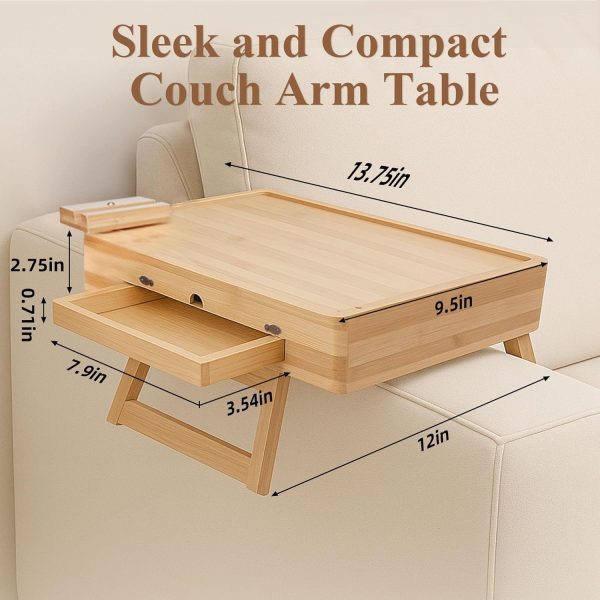 Couch Armrest Table with Built in Drawer Bamboo Sofa Arm Tray 13.75x9.5 Foldable Clip Table with 360° Phone Holder Non Slip Armrest Tray for Snacks Drinks and Remote China Products Manufacturer - Image 6