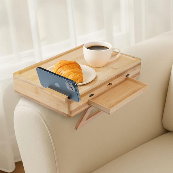 Couch Armrest Table with Built in Drawer Bamboo Sofa Arm Tray 13.75x9.5 Foldable Clip Table with 360° Phone Holder Non Slip Armrest Tray for Snacks Drinks and Remote China Products Manufacturer - Image 2