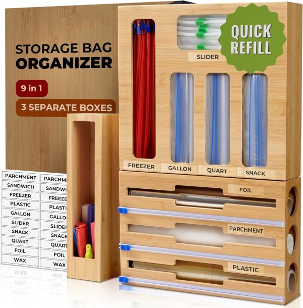 Bamboo Bag Organizer for Drawer 4 Modular Blocks with Labels Plastic Bag Storage Holder Quick Refill Gallon Quart Sandwich Snack Size Baggie Organizer China Products Manufacturer - Image 4