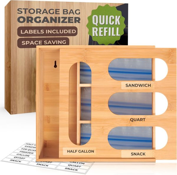 Bamboo Bag Organizer for Drawer 4 Modular Blocks with Labels Plastic Bag Storage Holder Quick Refill Gallon Quart Sandwich Snack Size Baggie Organizer China Products Manufacturer - Image 2