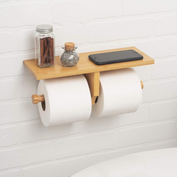 Bathroom Bamboo Double Dual Toilet Paper Holder with Convenience Shelf Tray China Factory - Image 6