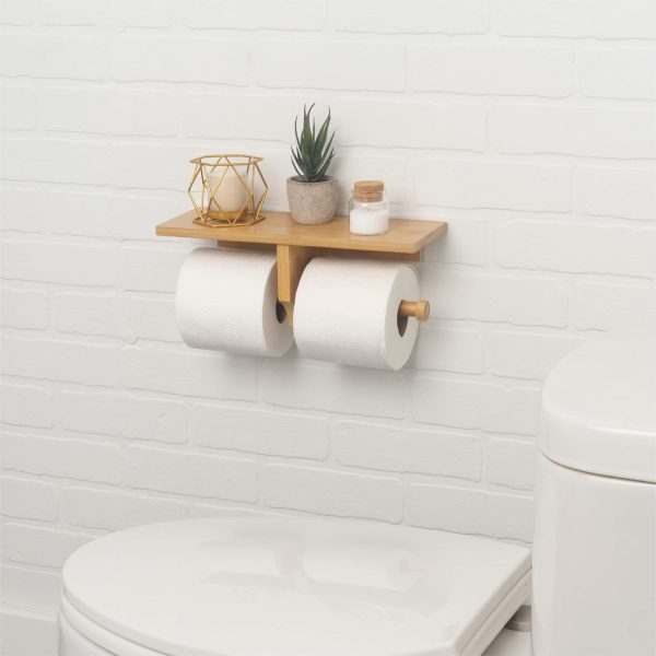Bathroom Bamboo Double Dual Toilet Paper Holder with Convenience Shelf Tray China Factory - Image 5